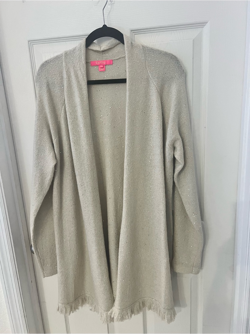 Lilly Pulitzer Tatum  Open-Front Fringe Cardigan Sweater with Sequins- Cream